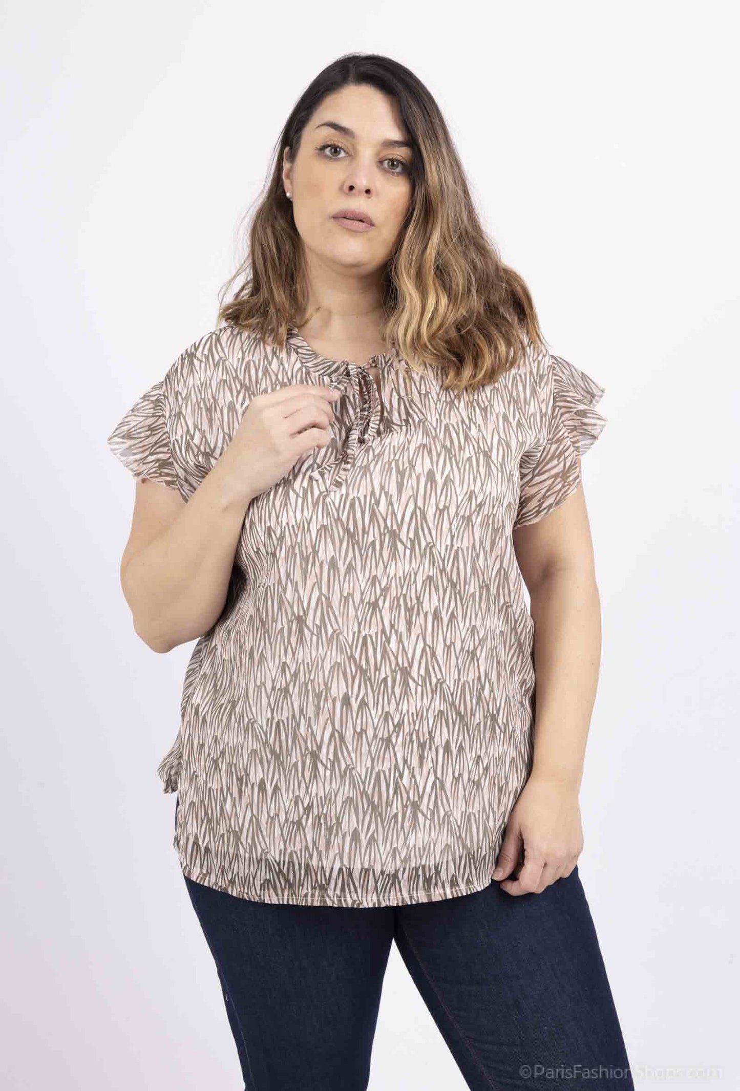 Plus Size Voile print blouses with ruffle sleeves and lurex
