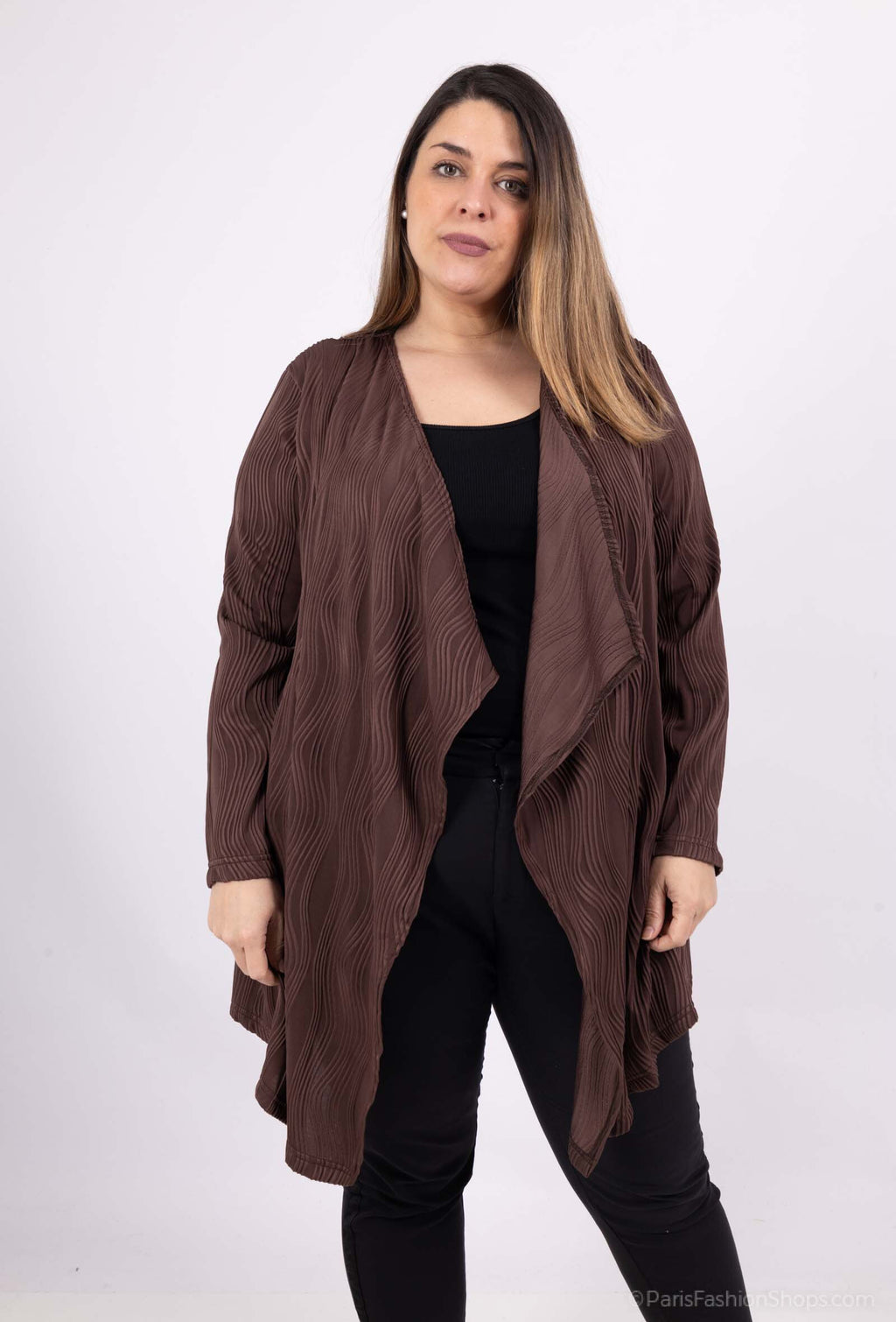 Plus Size Open Waterfall Collar Pocket Cardigan