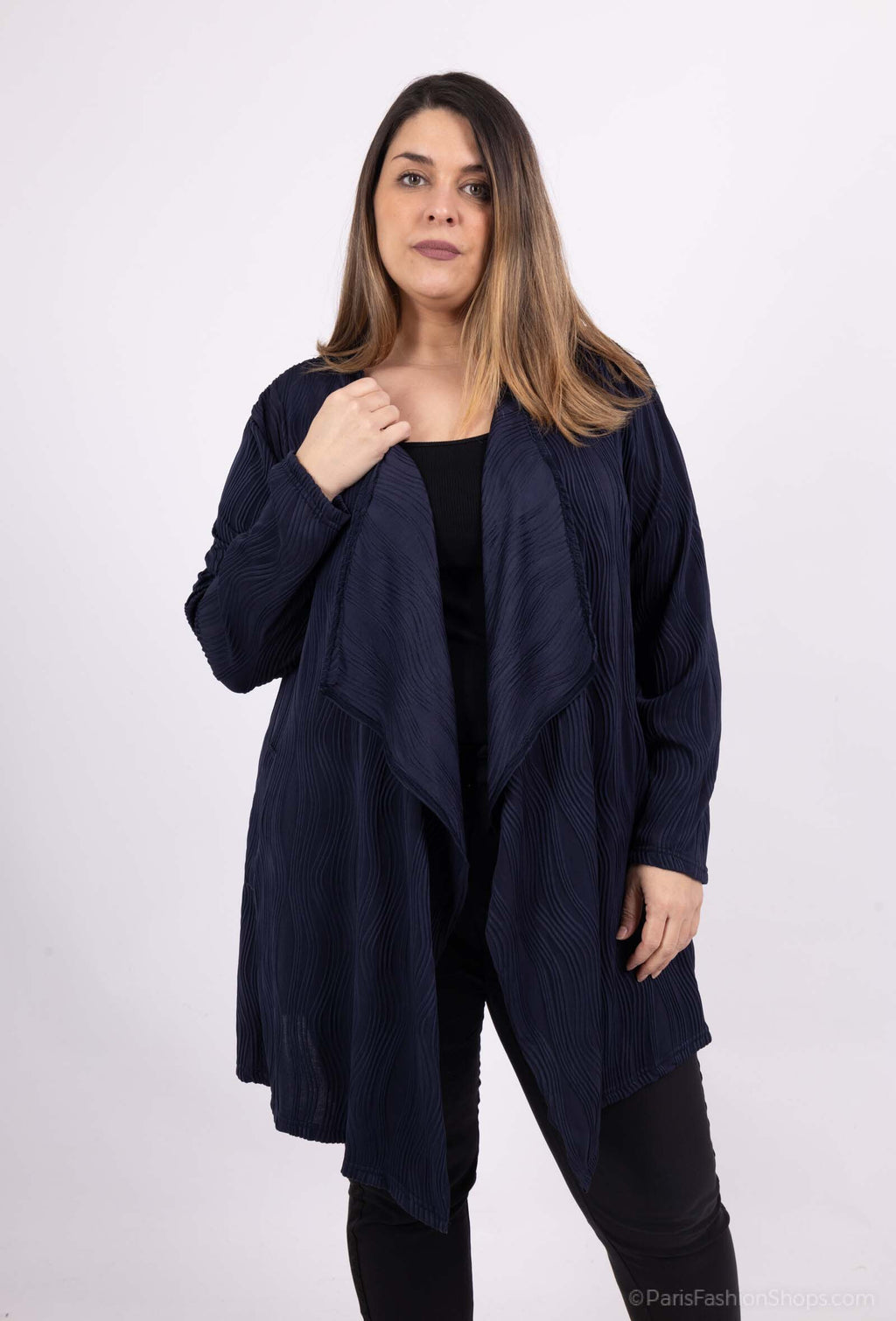 Plus Size Open Waterfall Collar Pocket Cardigan