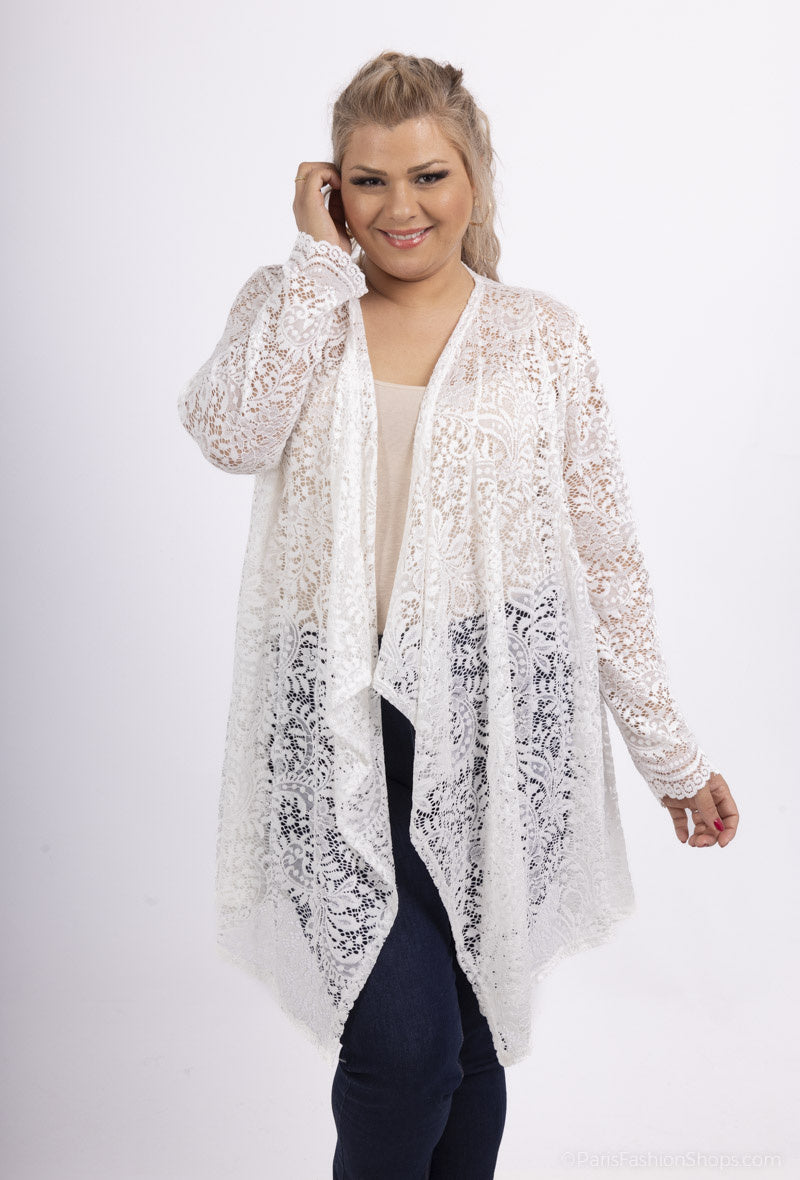 Plus Size Waterfall-collar lace cardigan