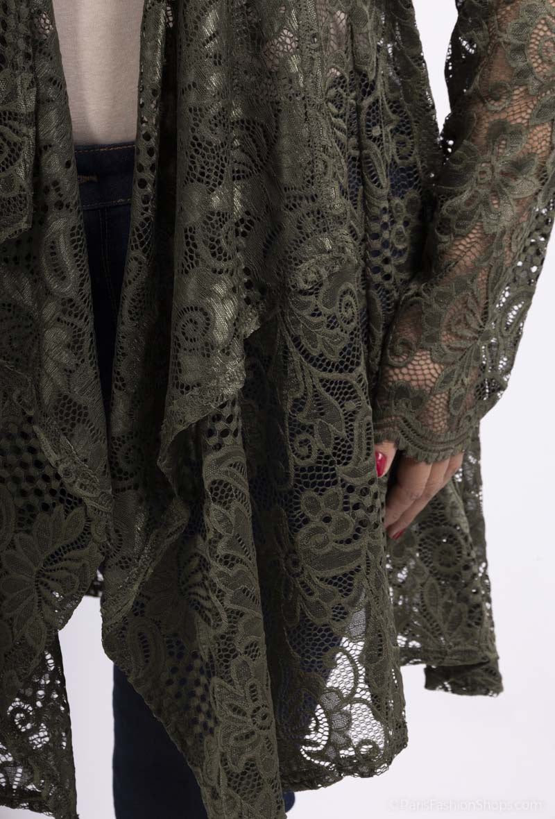 Plus Size Vattenfallskrage Spets Cardigan