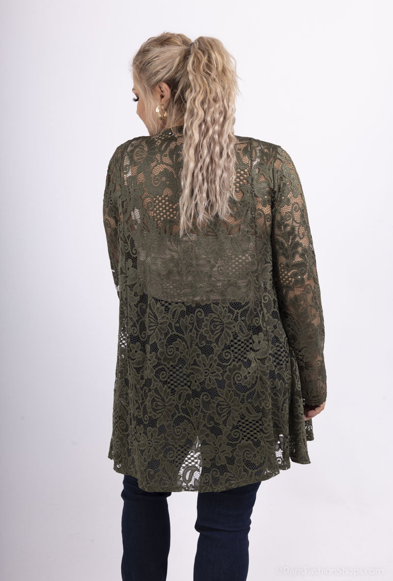Plus Size Vattenfallskrage Spets Cardigan