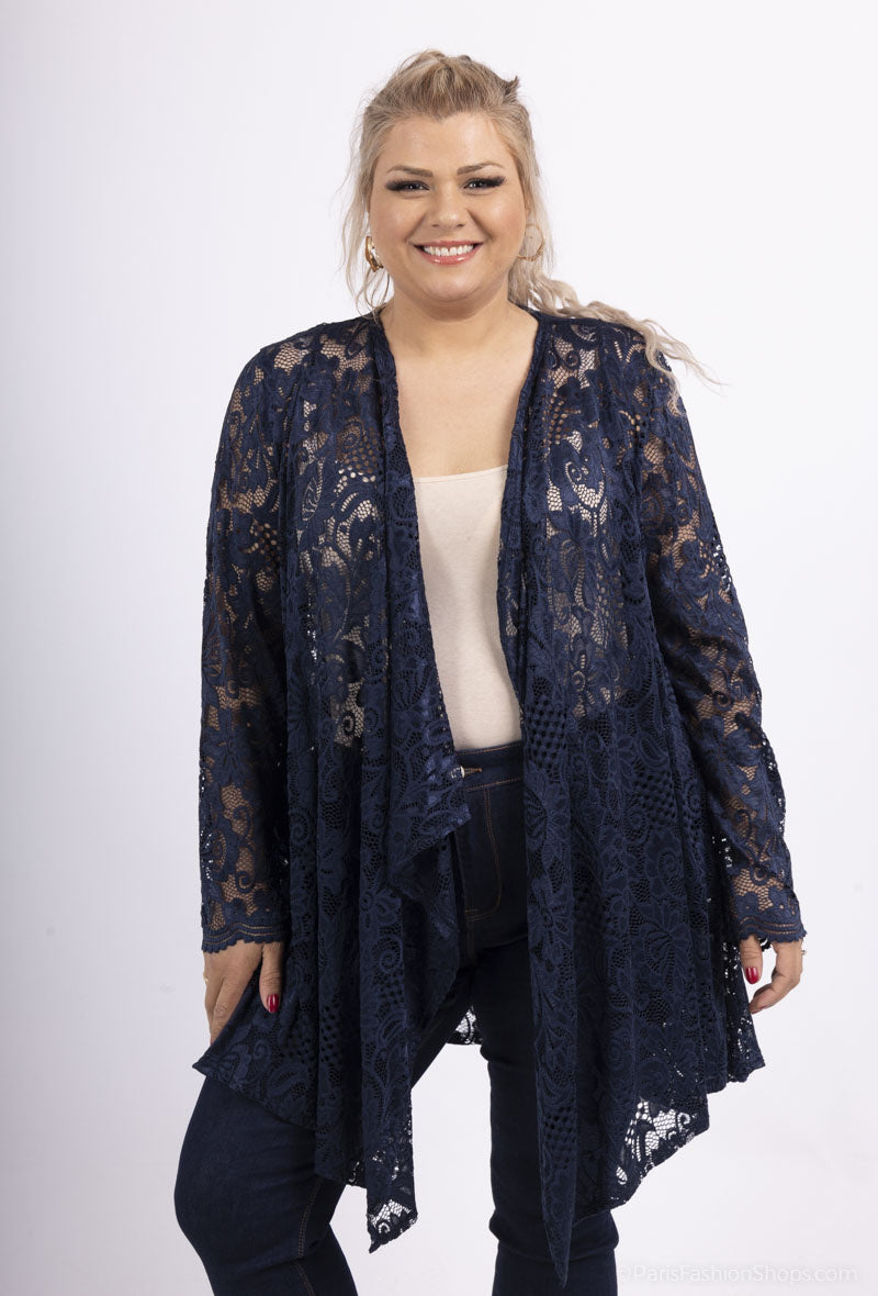 Plus Size Waterfall-collar lace cardigan
