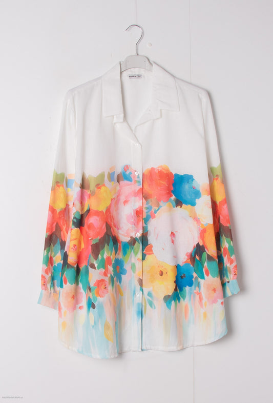 Plus Size Mixed-cotton white shirt with flower print