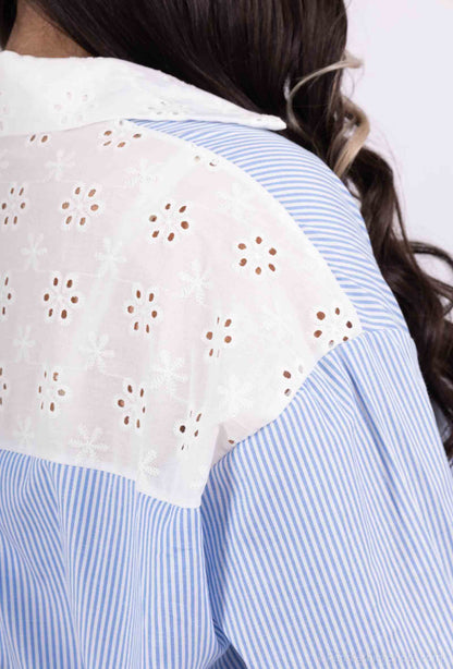 Plus Size Randig Bomullsskjorta med Öppen Korsknytt