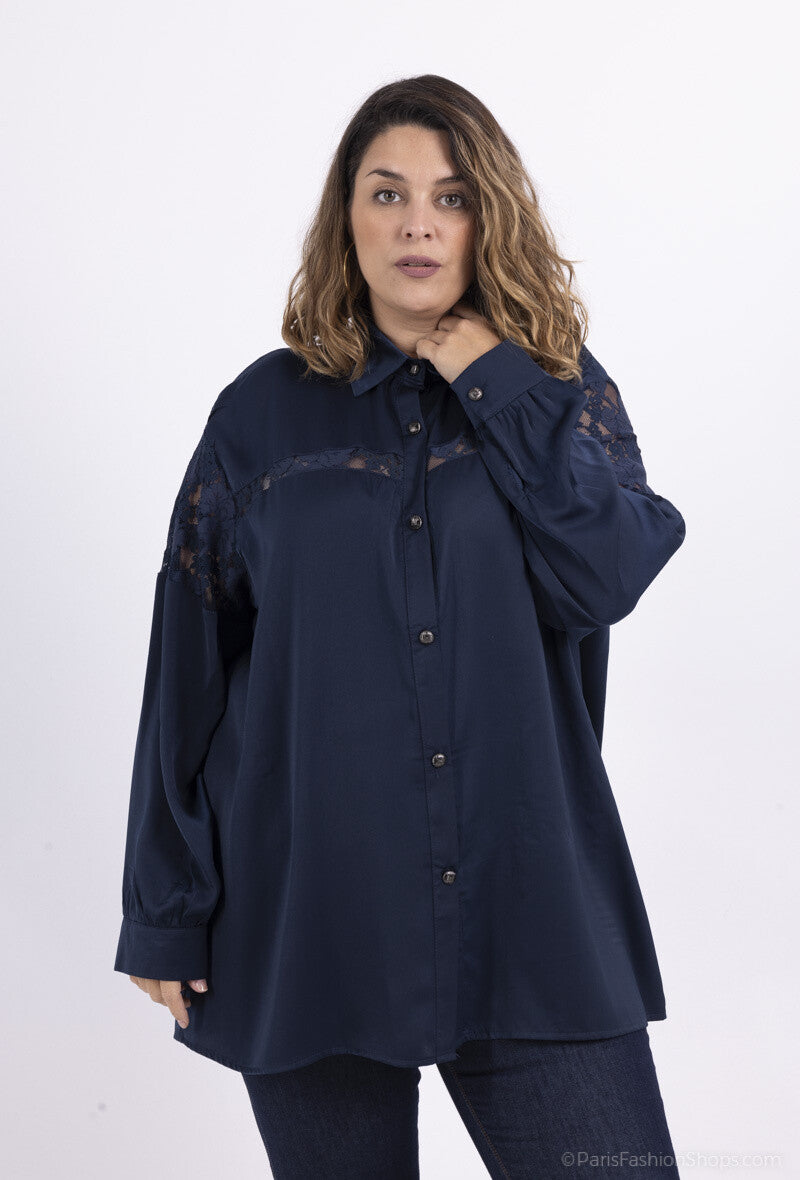 Plus Size Satin Skjorta med Spets