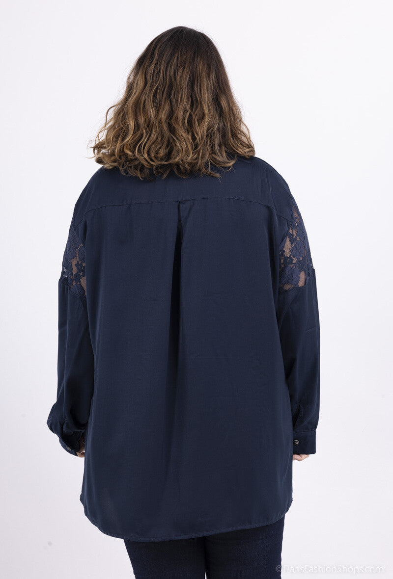 Plus Size Satin Skjorta med Spets