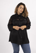 Plus Size Satin Skjorta med Spets