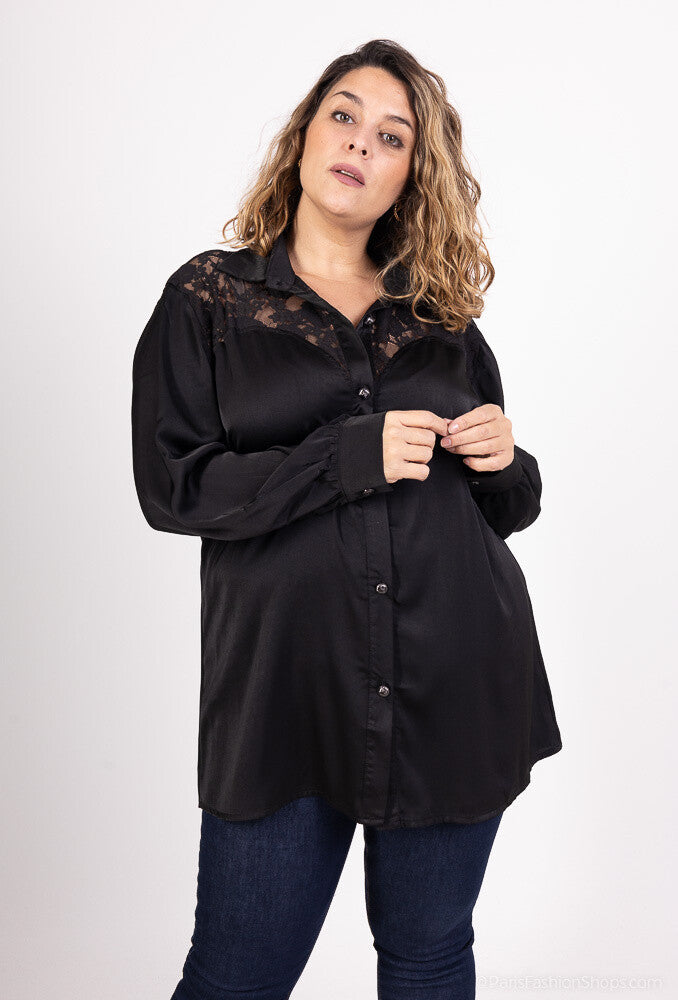 Plus Size Satin Skjorta med Spets