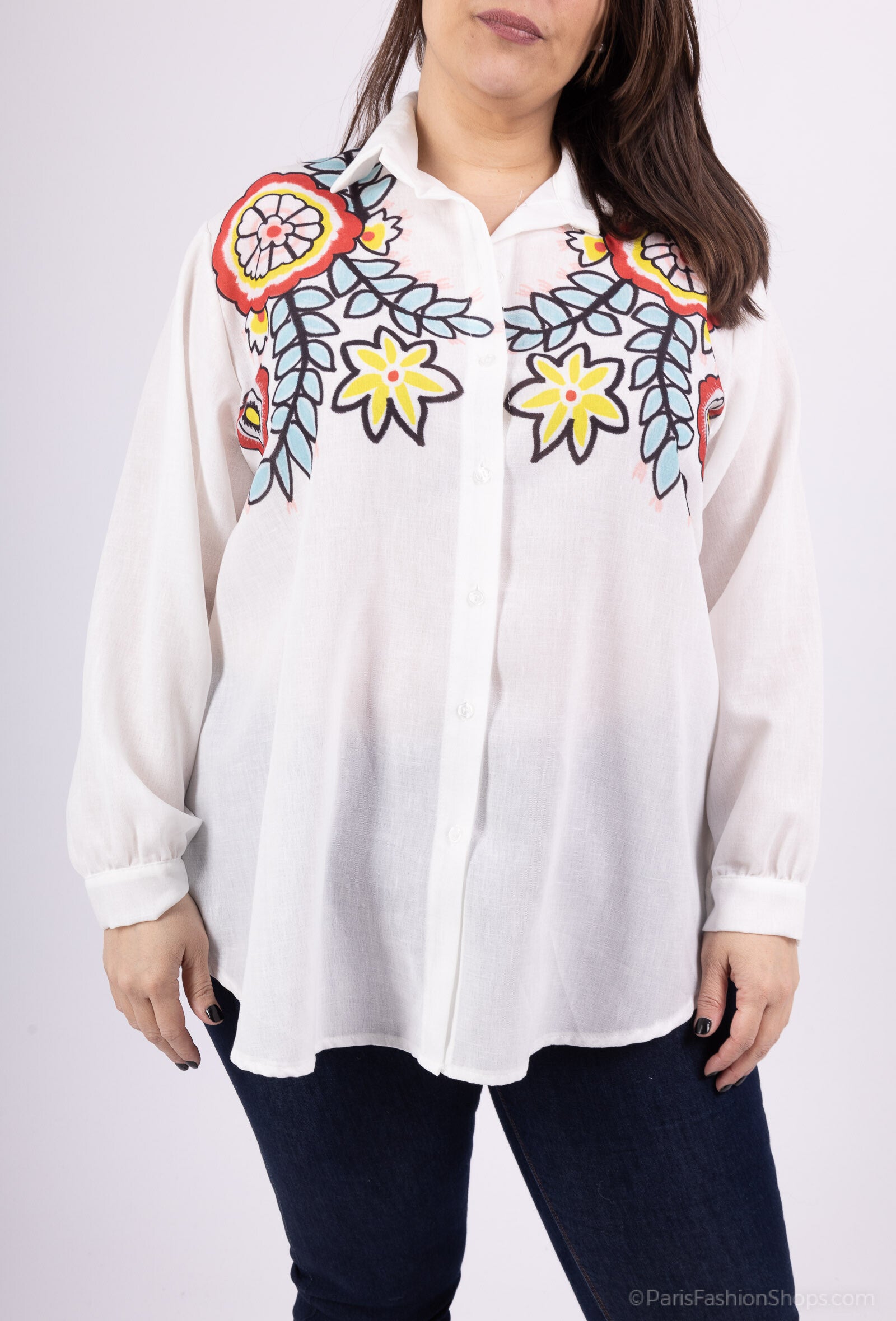 Plus Size Vit Skjorta i Blandad Bomull med Tryck