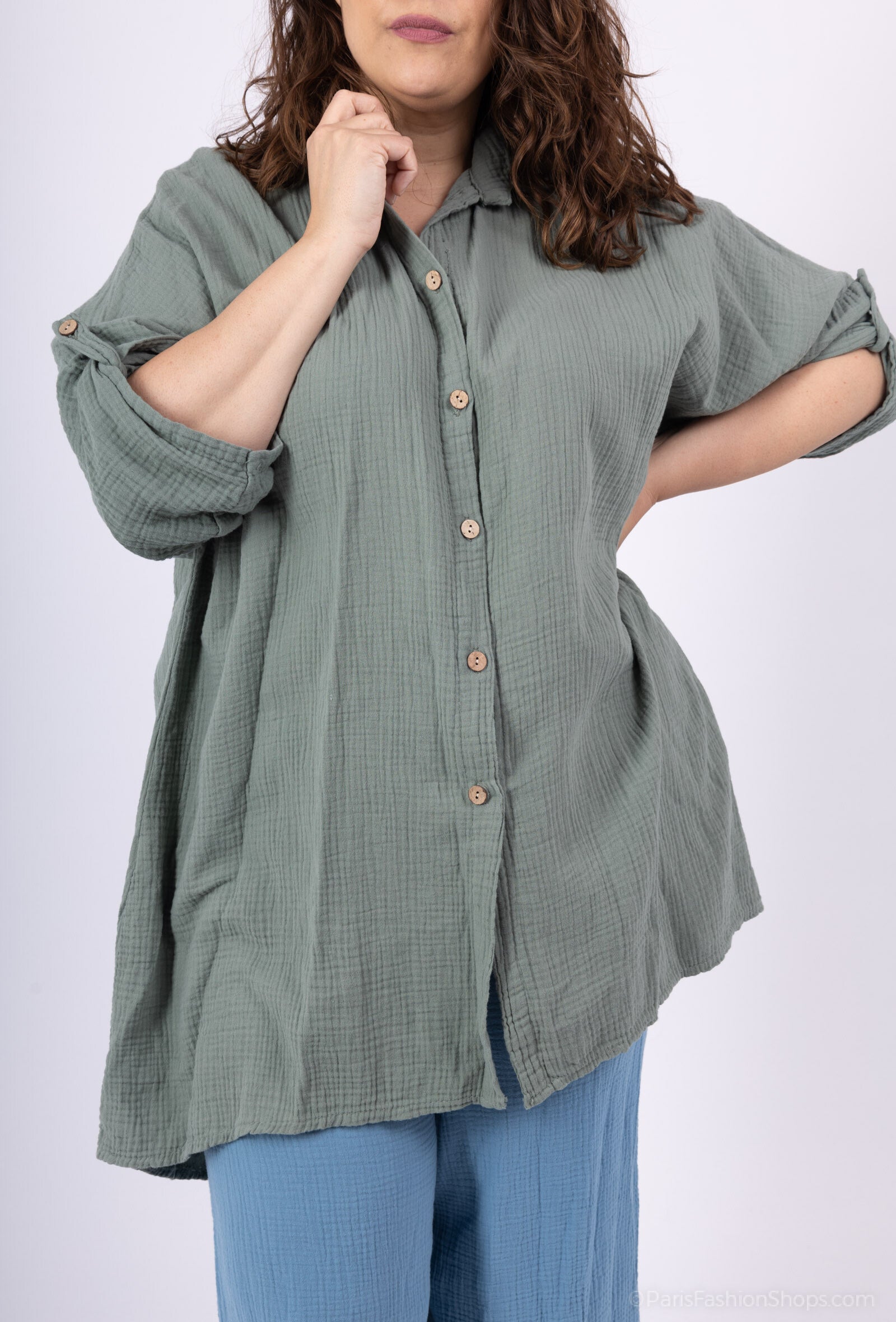 Plus Size Large size buttoned shirt in double cotton gauze T40 to T58