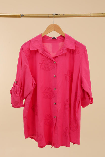 Plus Size Cotton shirt with leaves embroideries