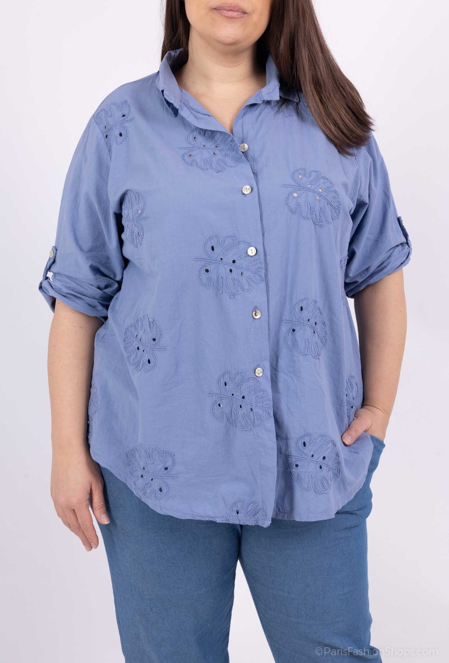 Plus Size Cotton shirt with leaves embroideries