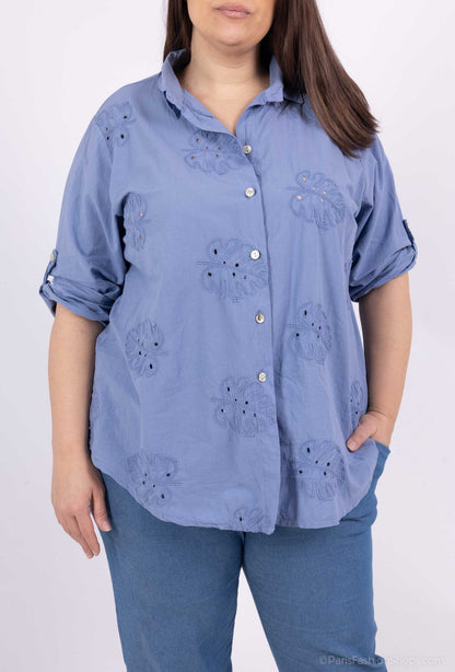 Plus Size Cotton shirt with leaves embroideries