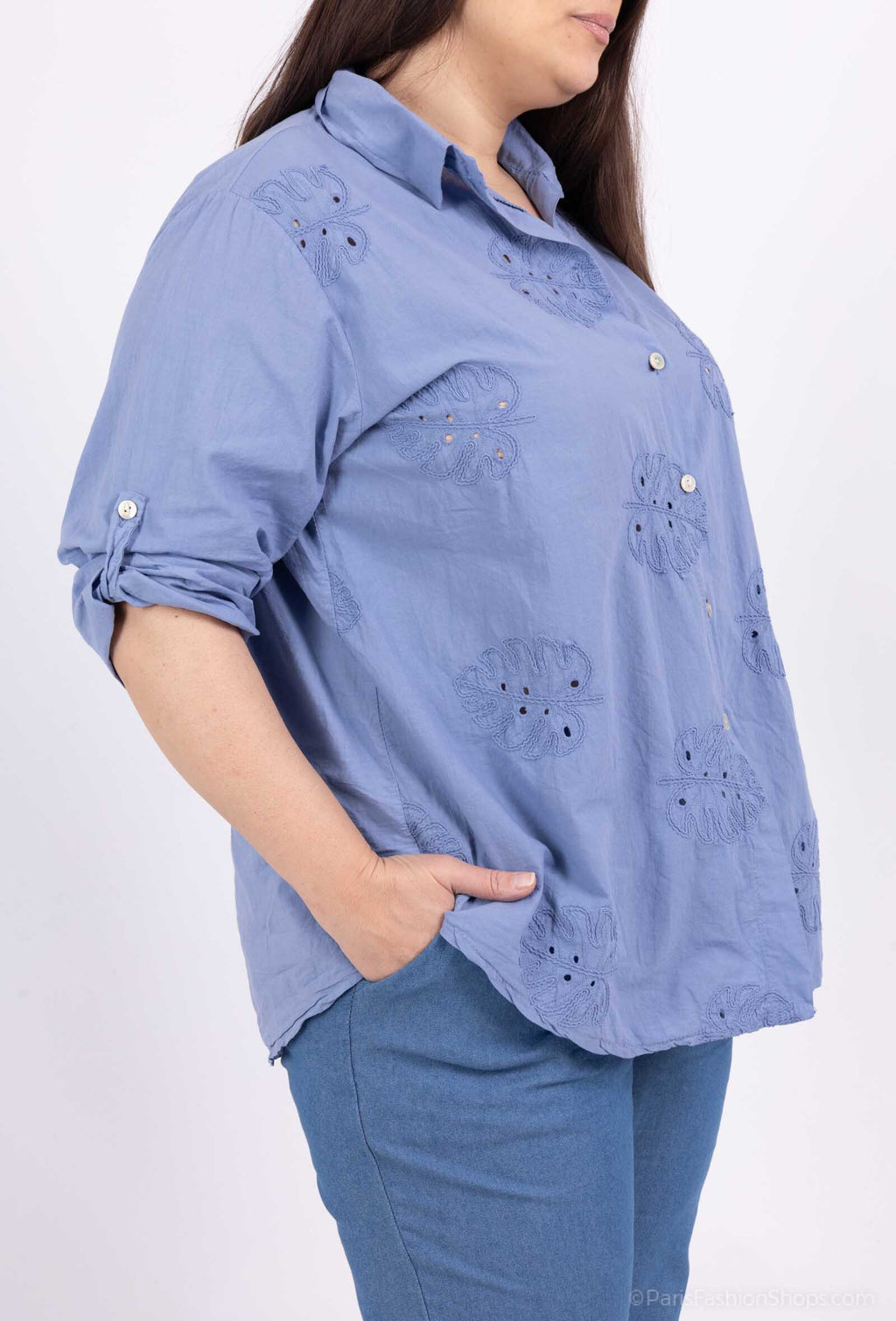 Plus Size Bomullsskjorta med Bladbroderier