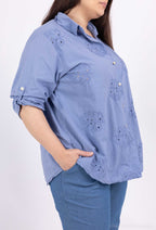 Plus Size Bomullsskjorta med Bladbroderier