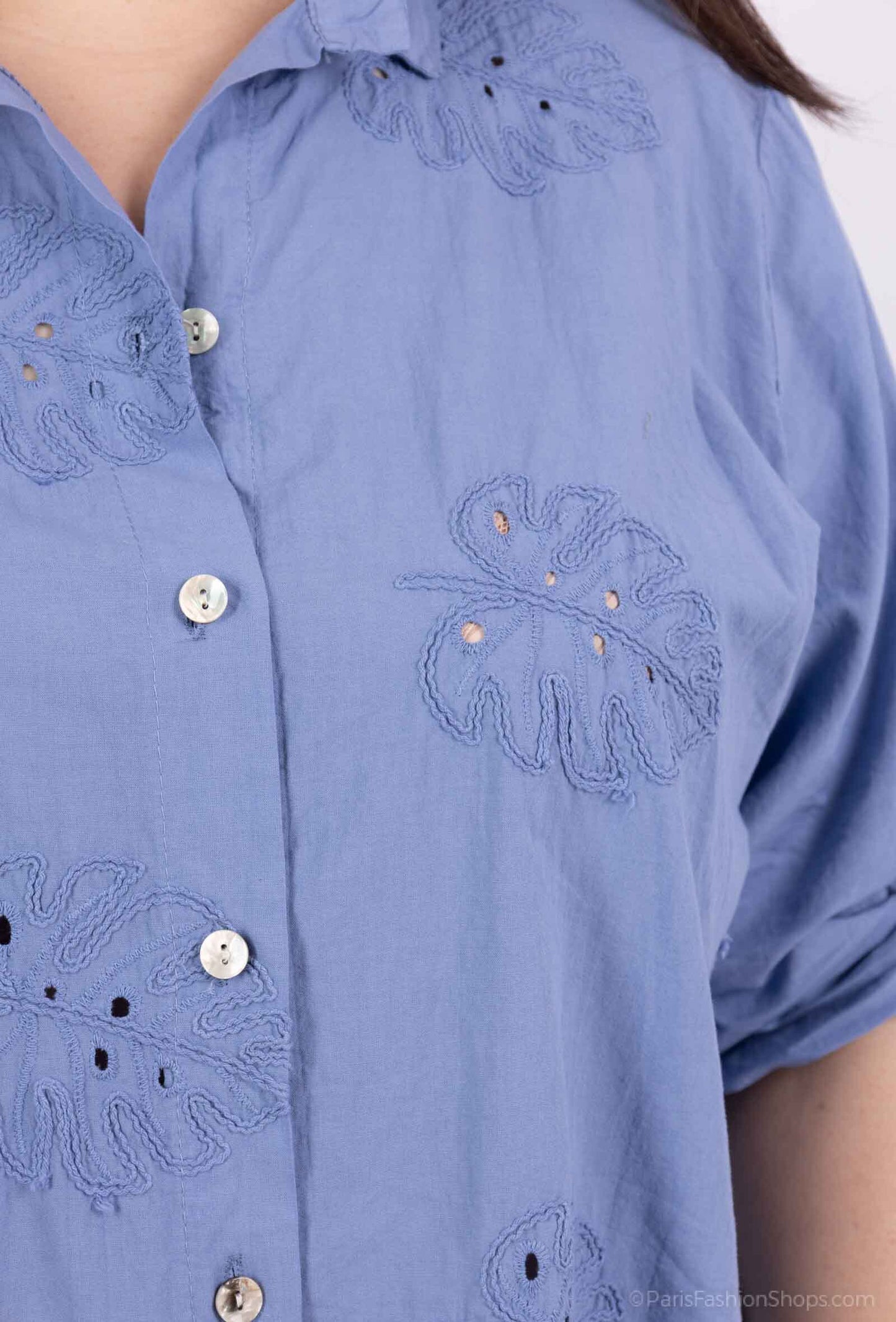 Plus Size Cotton Shirt with Leaf Embroideries
