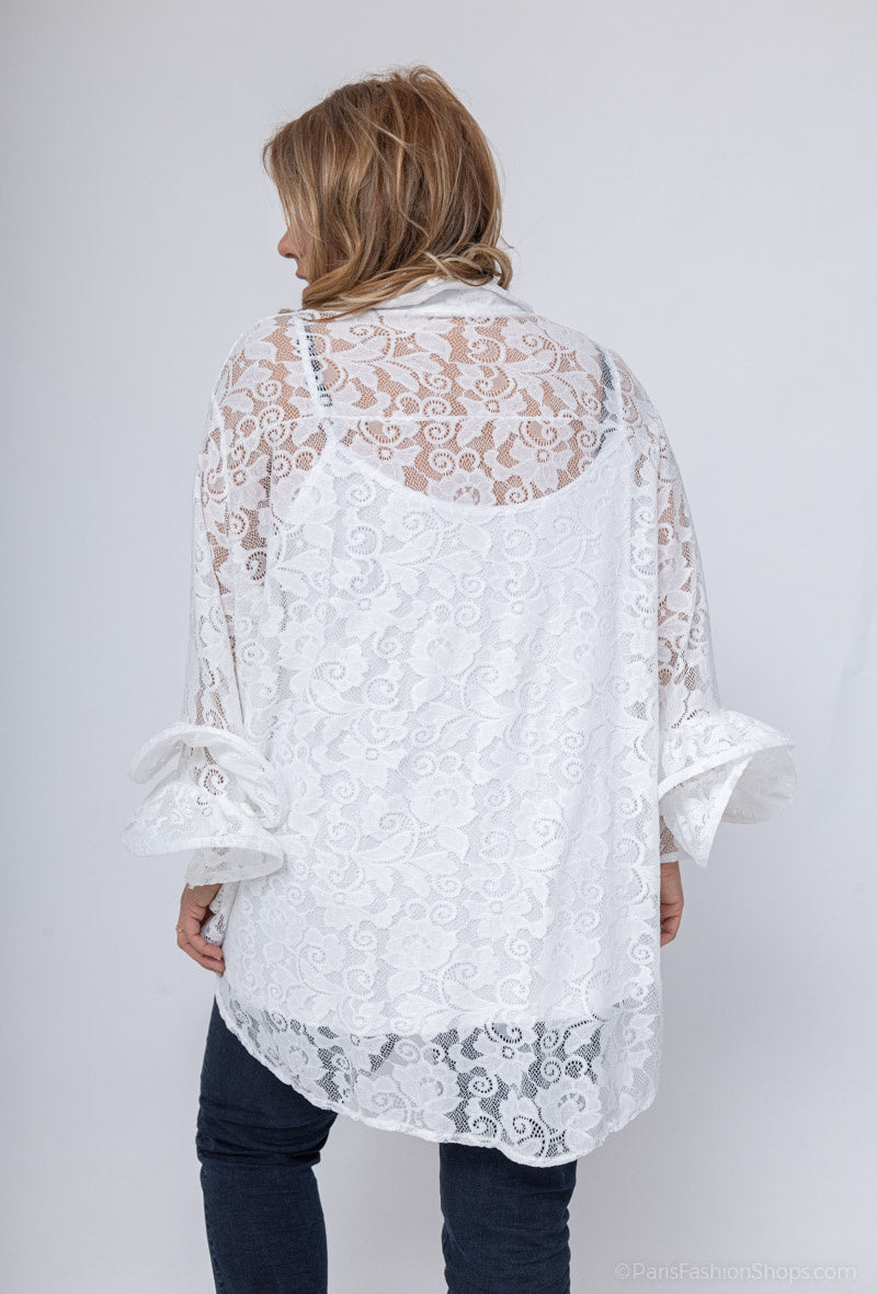 Plus Size Spetsblus med puffärmar
