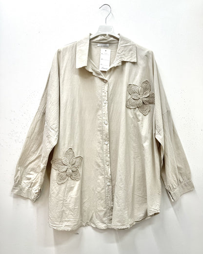 Plus Size Cotton blouse/shirt with two big embroidered flowers