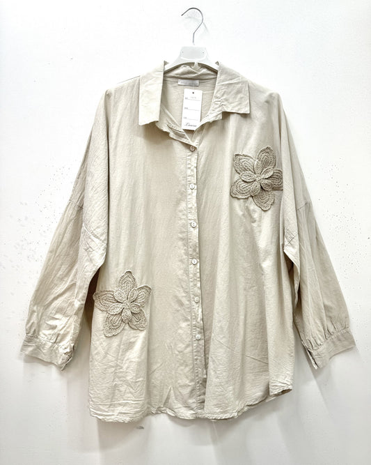 Plus Size Cotton blouse/shirt with two big embroidered flowers