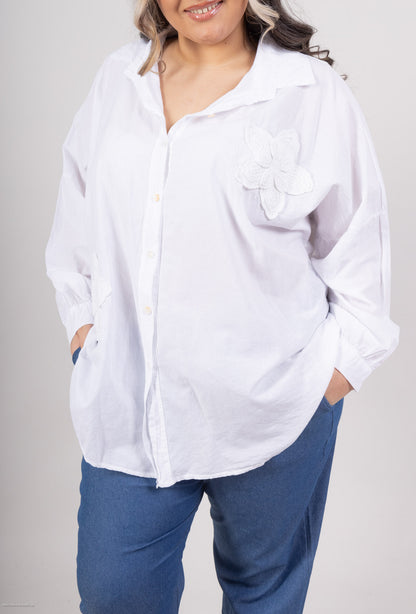 Plus Size Cotton blouse/shirt with two big embroidered flowers