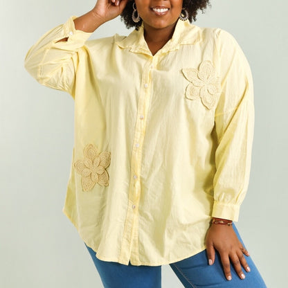 Plus Size Cotton blouse/shirt with two big embroidered flowers