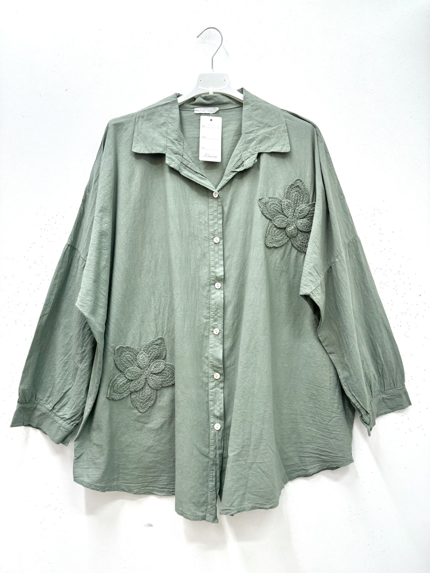 Plus Size Cotton blouse/shirt with two big embroidered flowers