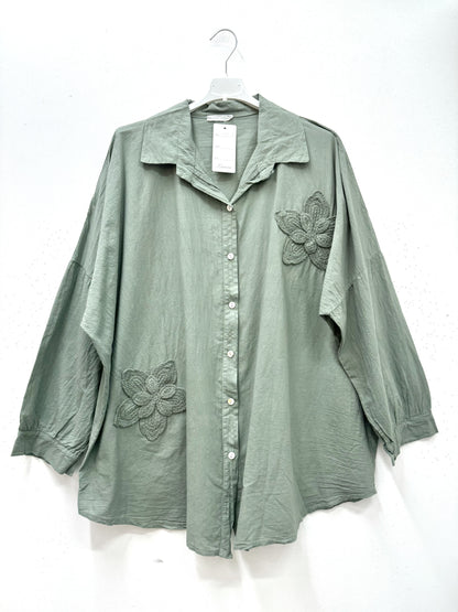 Plus Size Cotton blouse/shirt with two big embroidered flowers