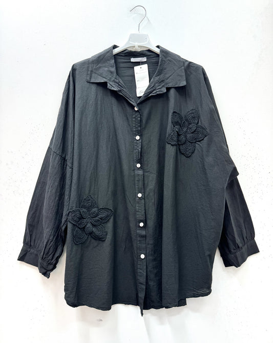 Plus Size Cotton blouse/shirt with two big embroidered flowers