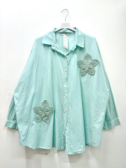 Plus Size Cotton blouse/shirt with two big embroidered flowers