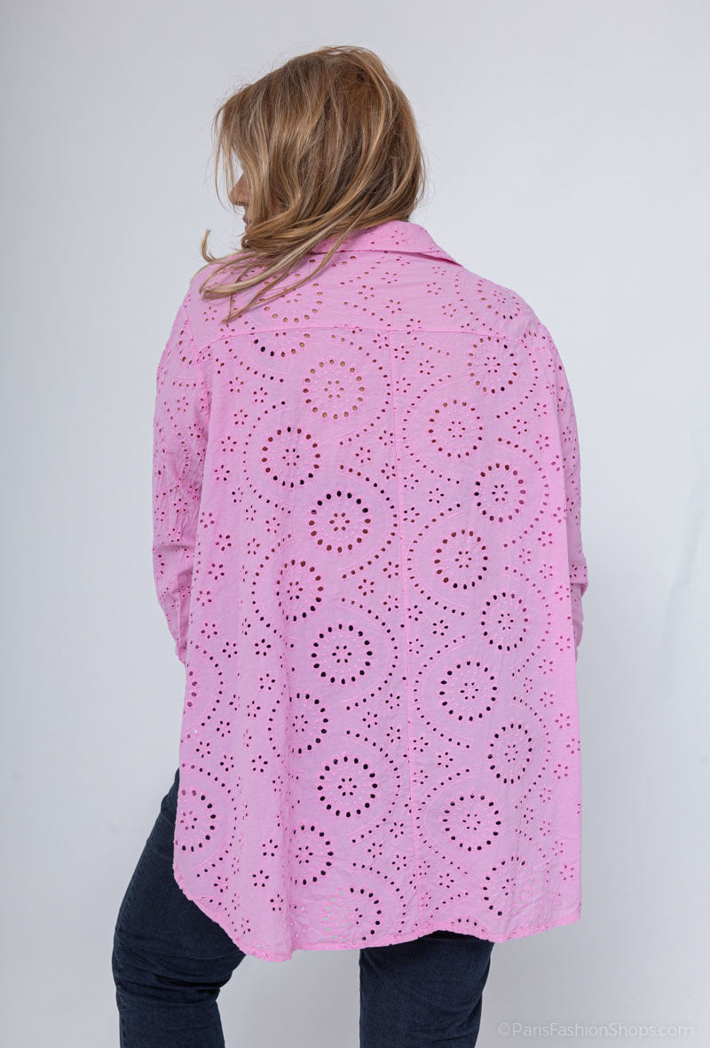 Plus Size Bomullsskjorta med Engelsk Broderi
