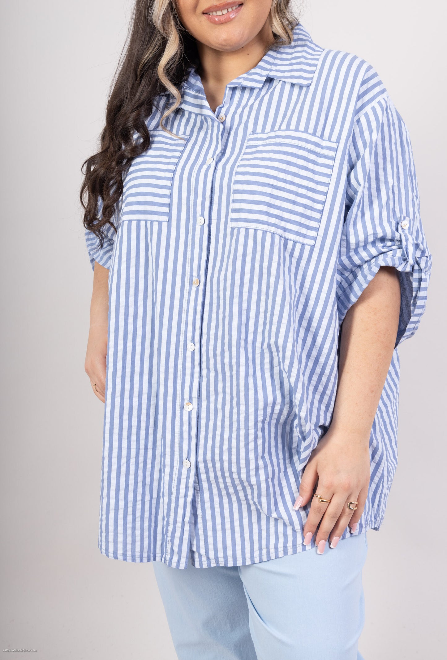 Plus Size Short slevees striped cotton shirt