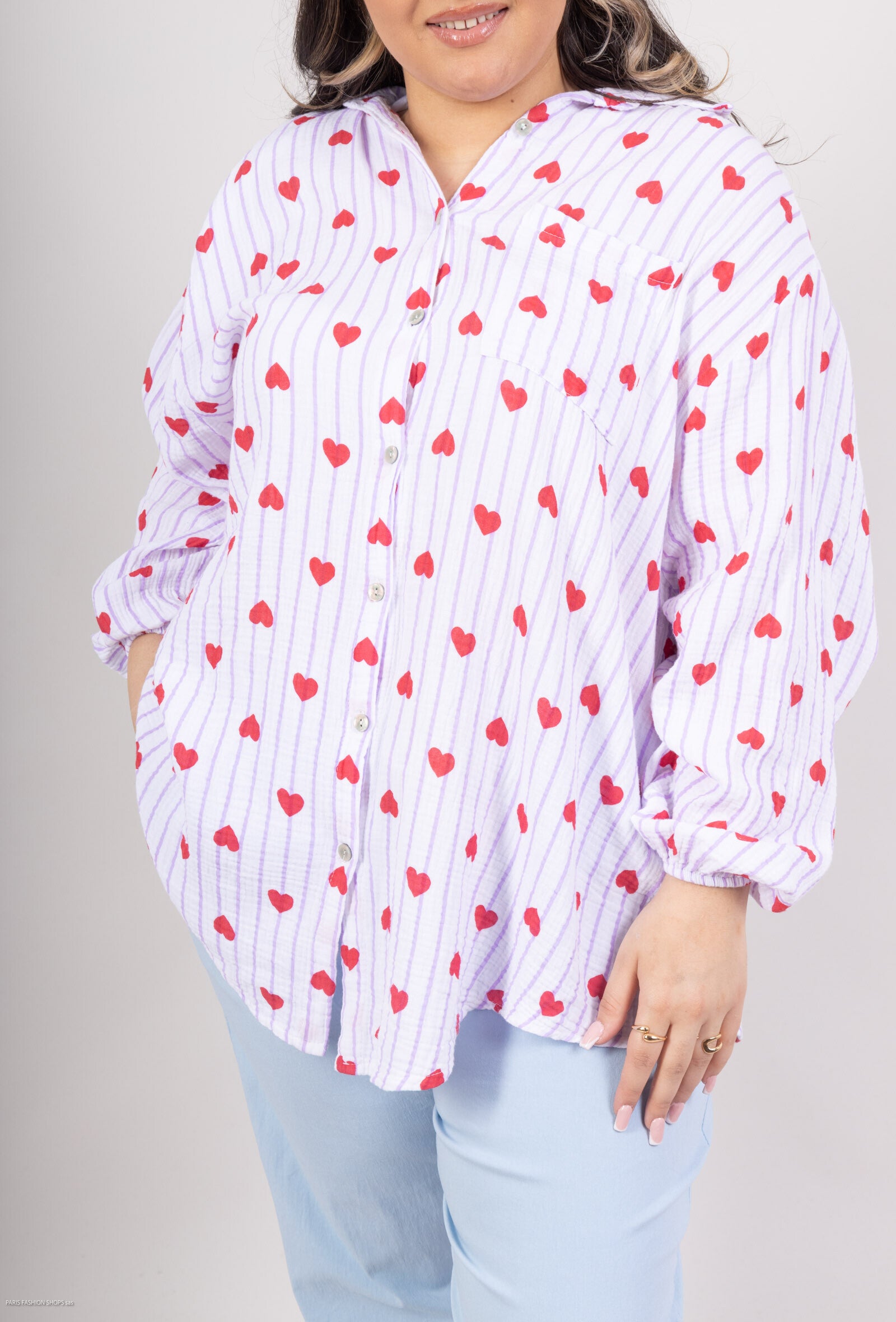 Plus Size Printed stripes & hearts cotton gauze shirt