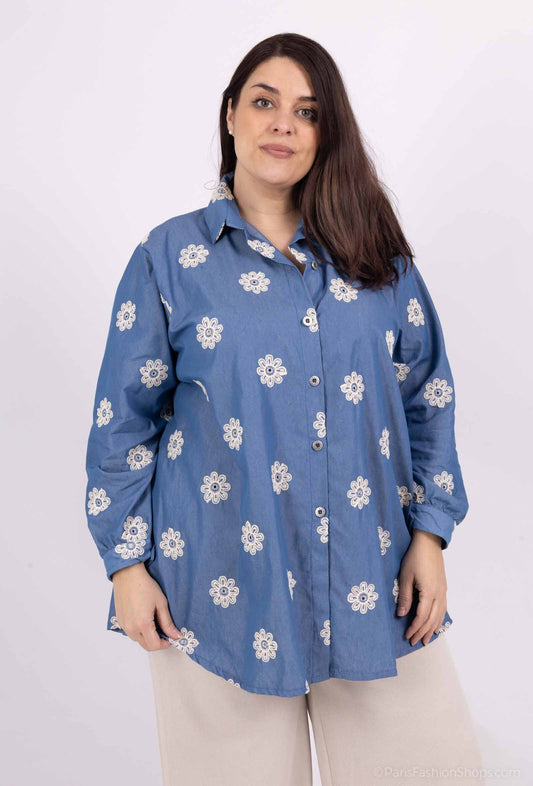 Plus Size Denim Skjorta med Blommig Engelsk Broderi