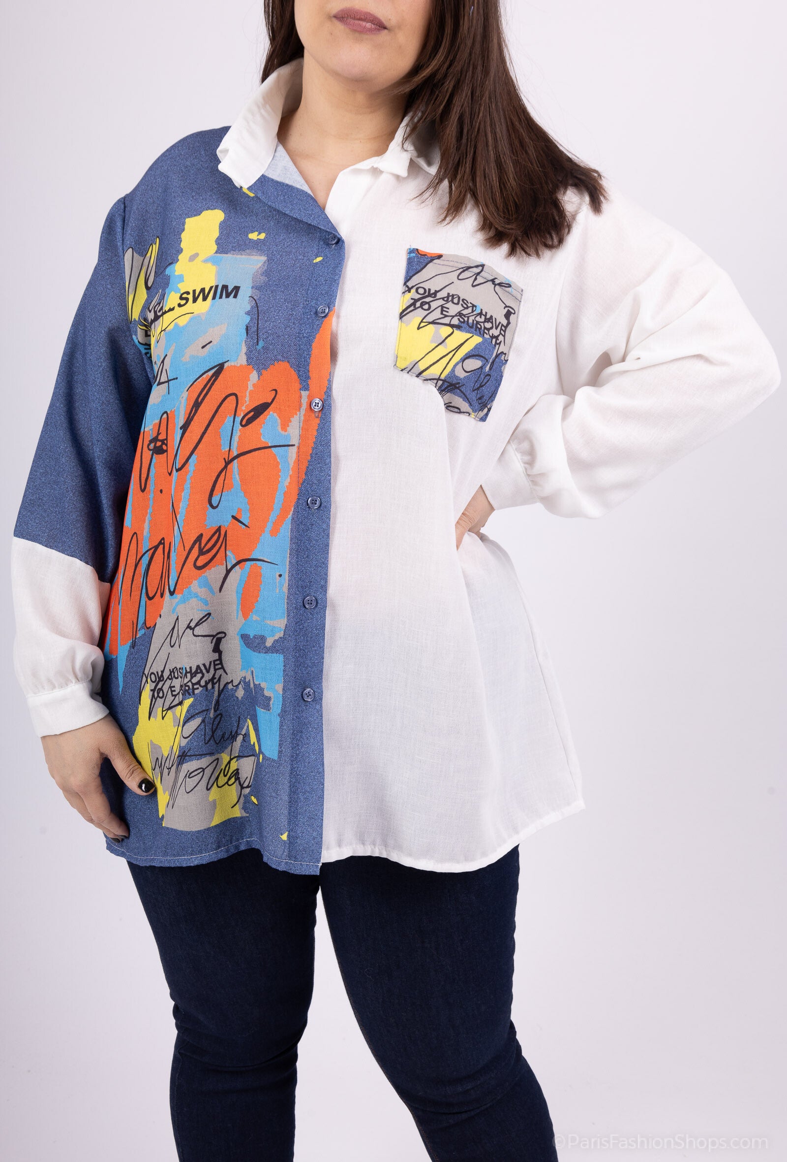Plus Size Tvåfärgad Skjorta i Blandad Bomull