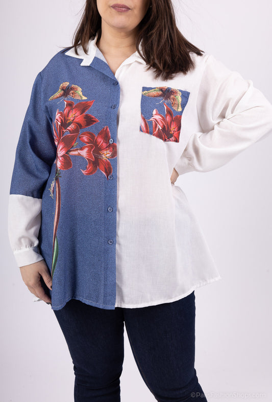 Plus Size Two-tone shirt in mixed cotton