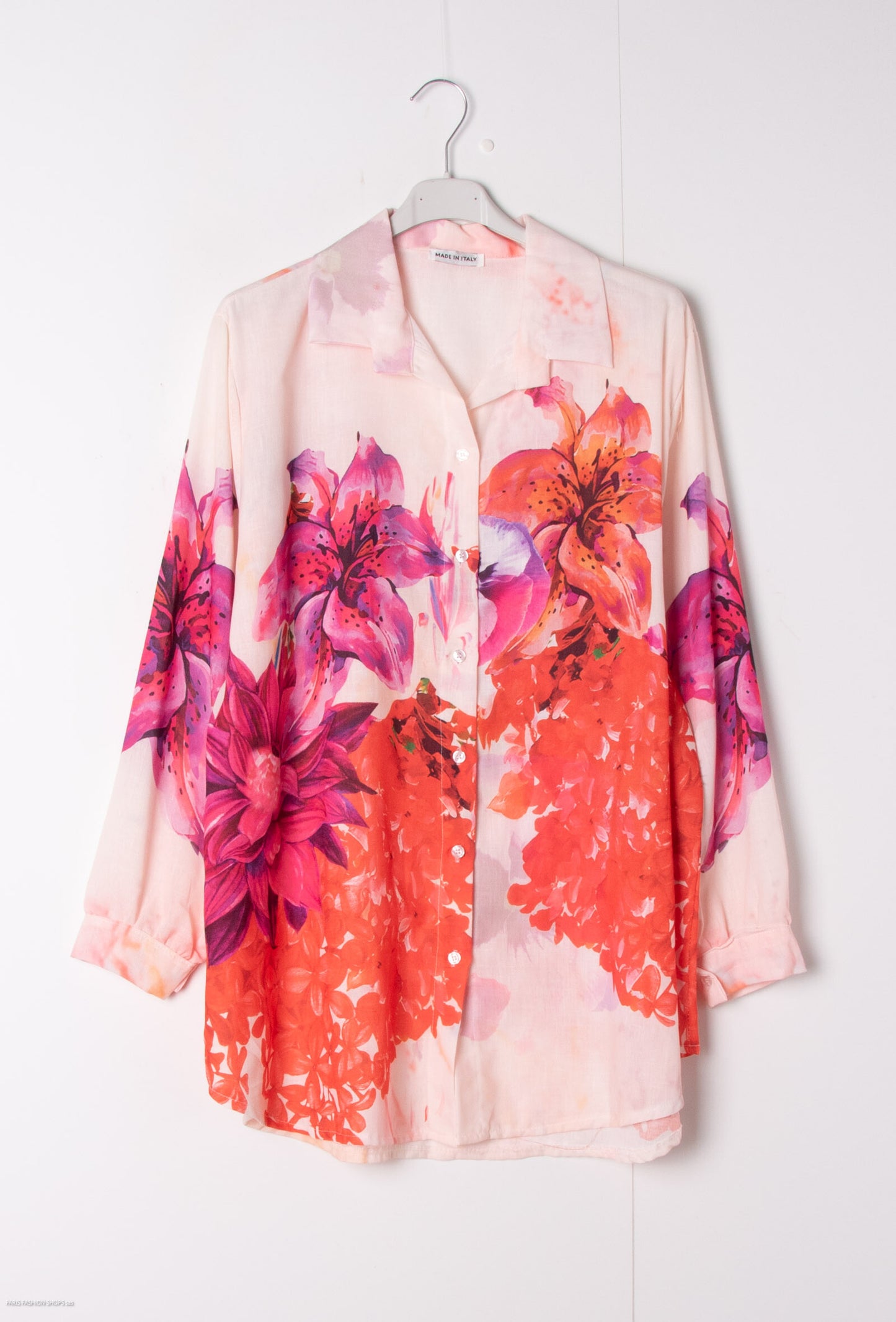 Plus Size Mixed-cotton white shirt with flower print