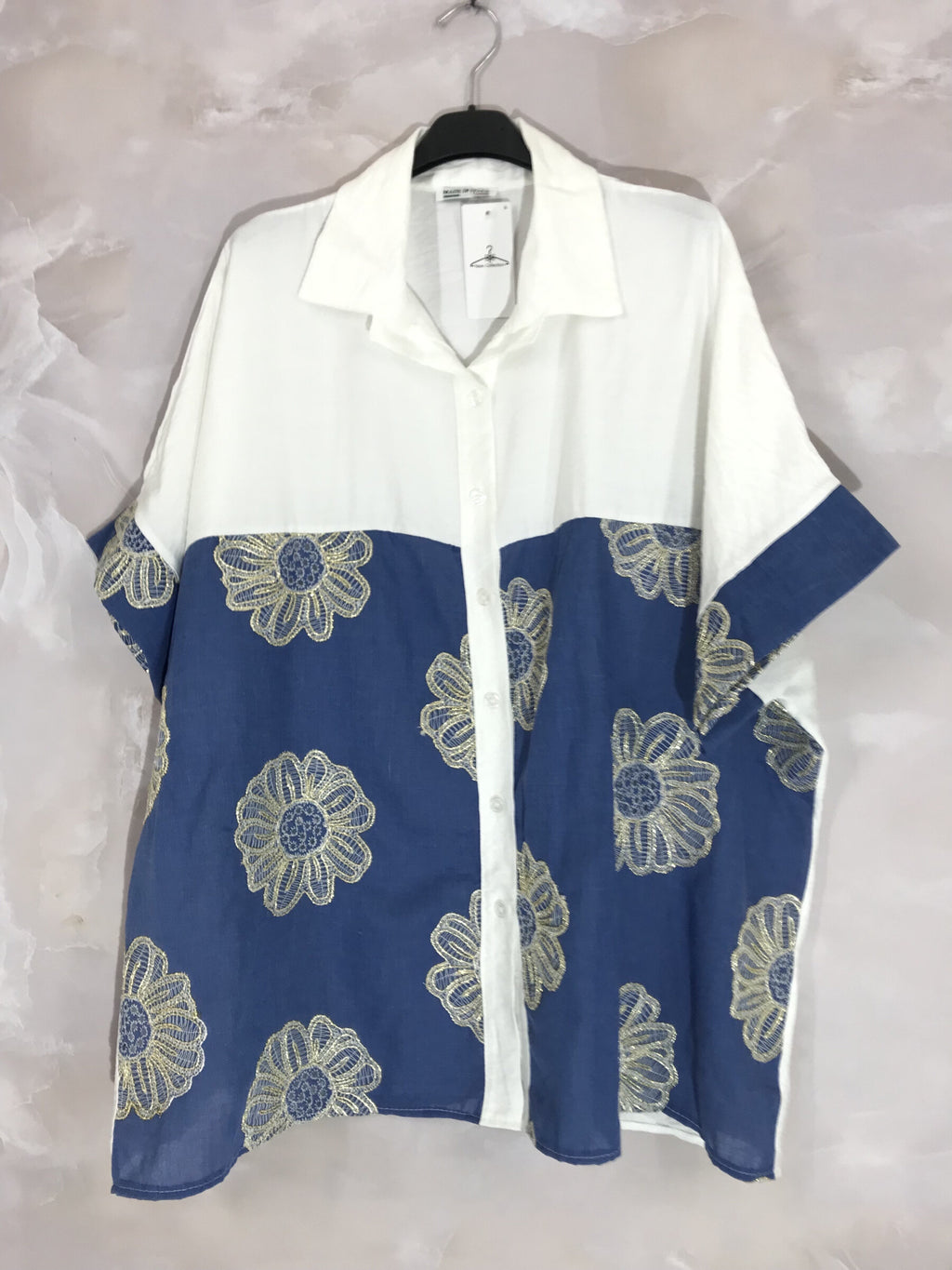 Plus Size Oversize Patchwork Skjorta med T40 Broderi till T56