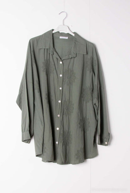 Plus Size Cotton blouse/shirt with english flower embroidery