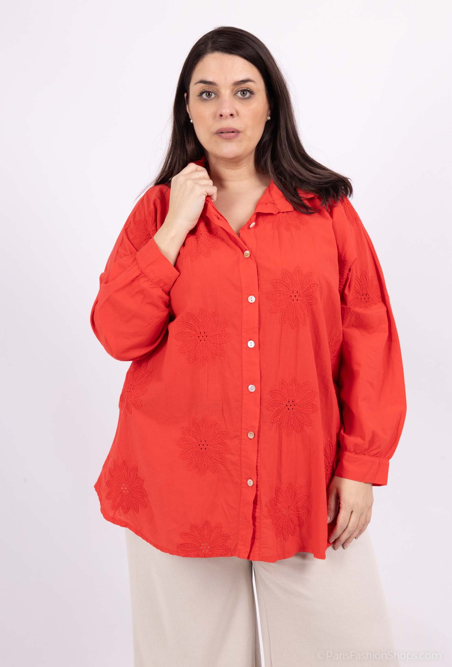 Plus Size Cotton blouse/shirt with english flower embroidery