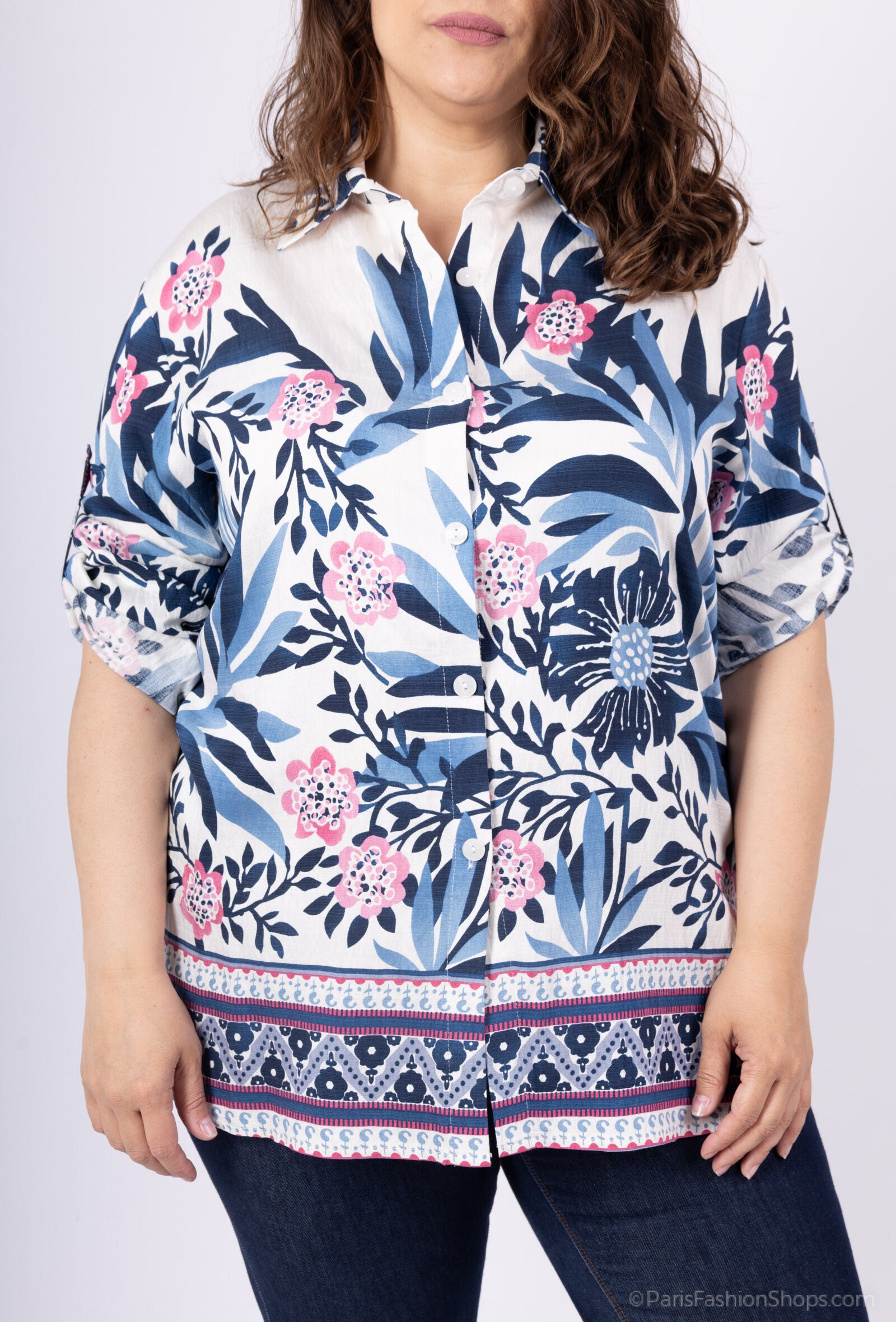 Blommönstrad Plus Size Skjorta för Vår och Sommar