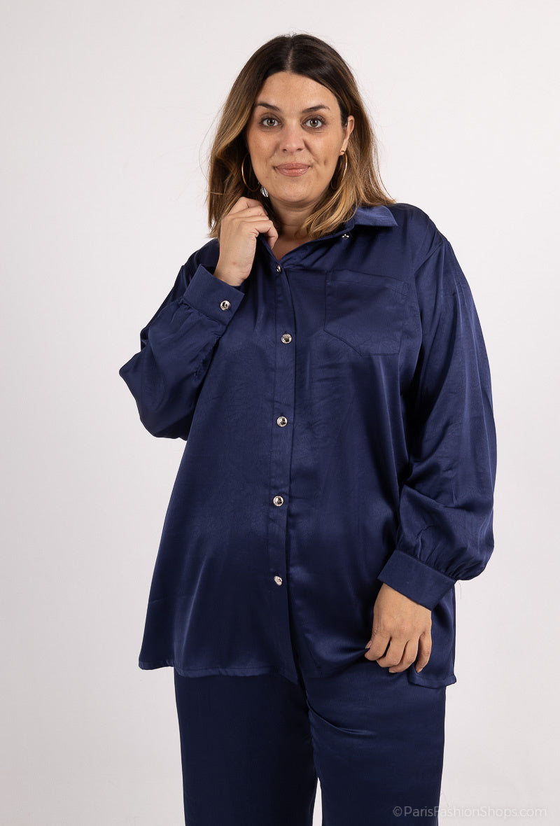 Plus Size Satin Knappad Skjorta i Enfärgade Nyanser