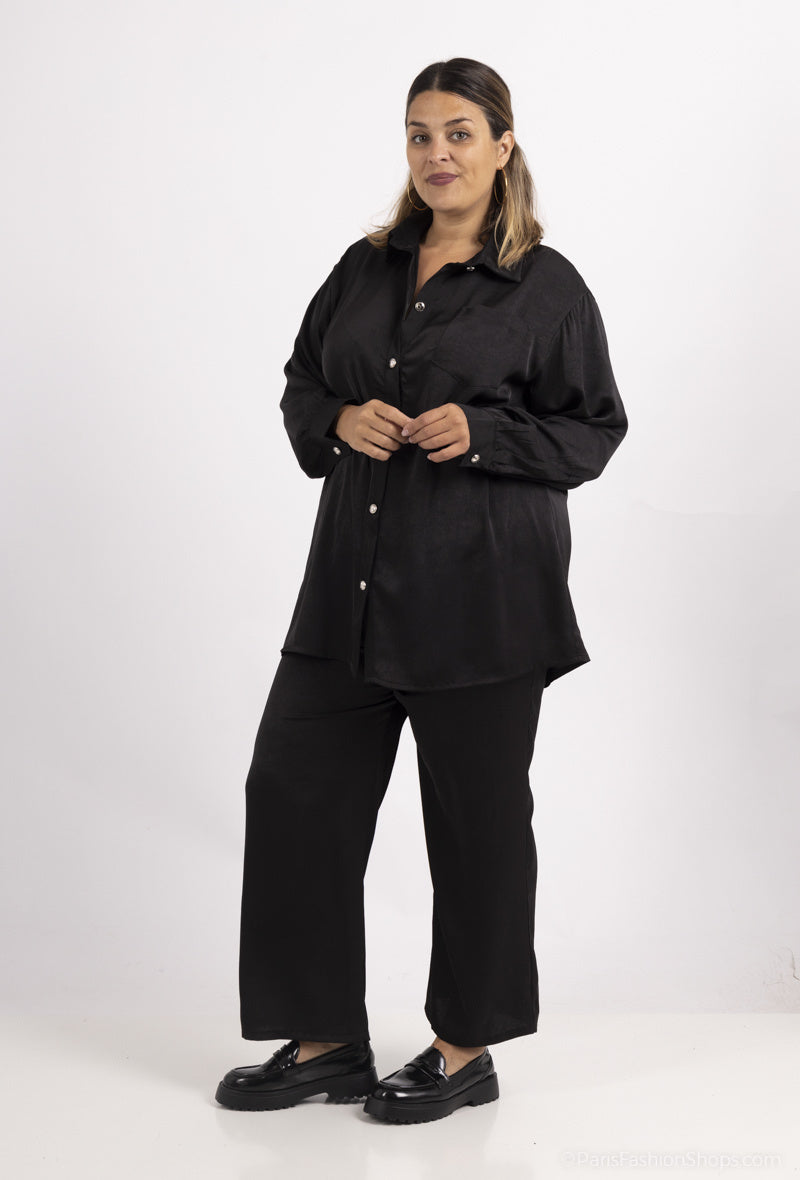 Plus Size Satin Skjorta med Knappning