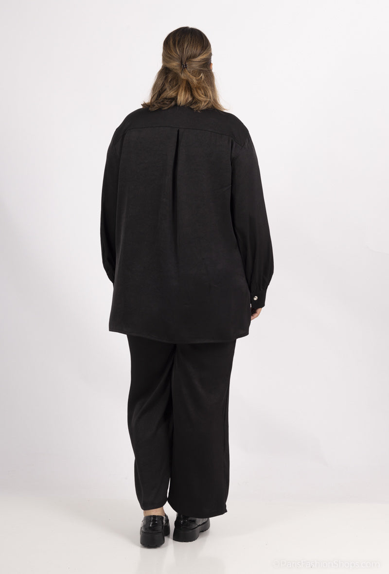 Plus Size Satin Skjorta med Knappning