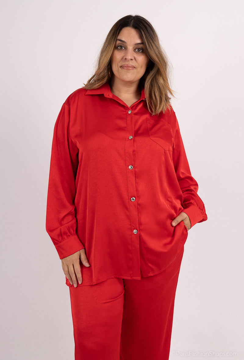 Plus Size Satin Knappad Skjorta i Enfärgade Nyanser