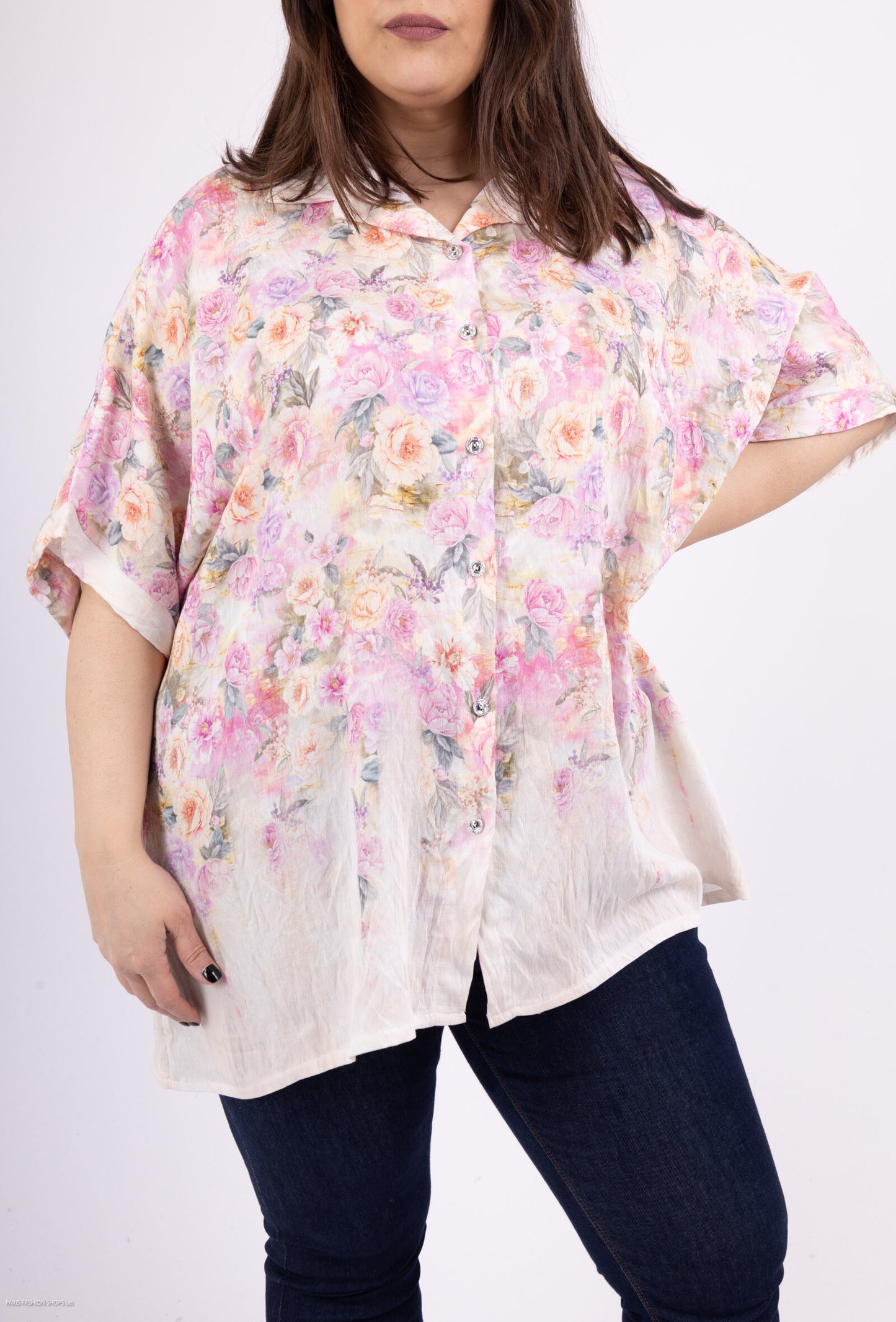 Plus Size Pastel flower printed short sleeves shirt