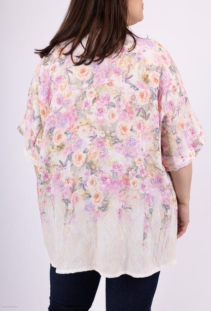 Plus Size Pastel Flower Printed Short Sleeves Shirt
