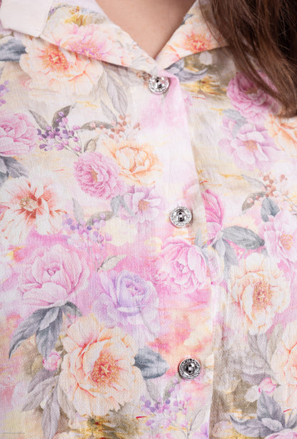 Plus Size Pastel Flower Printed Short Sleeves Shirt