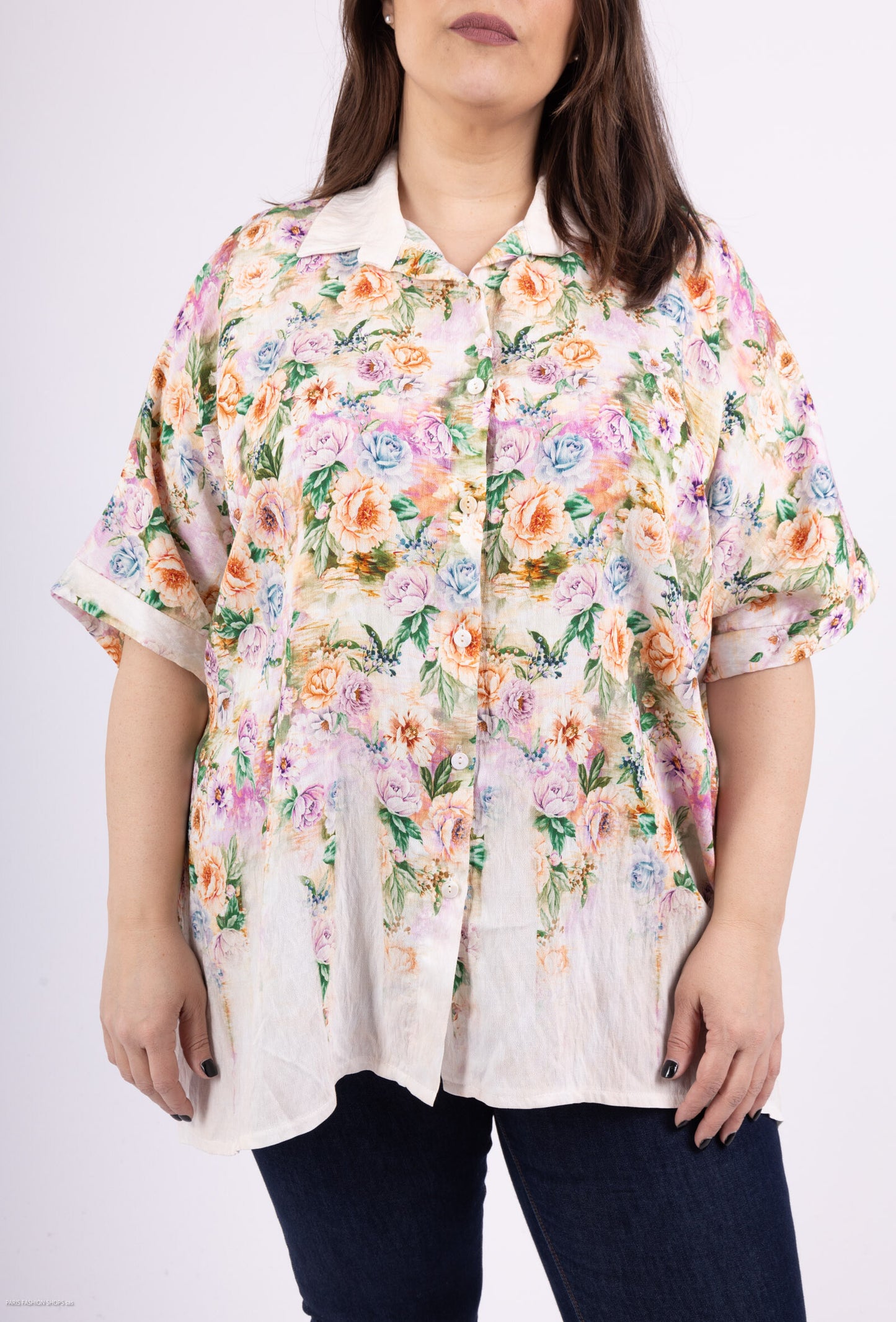 Plus Size Pastel flower printed short sleeves shirt