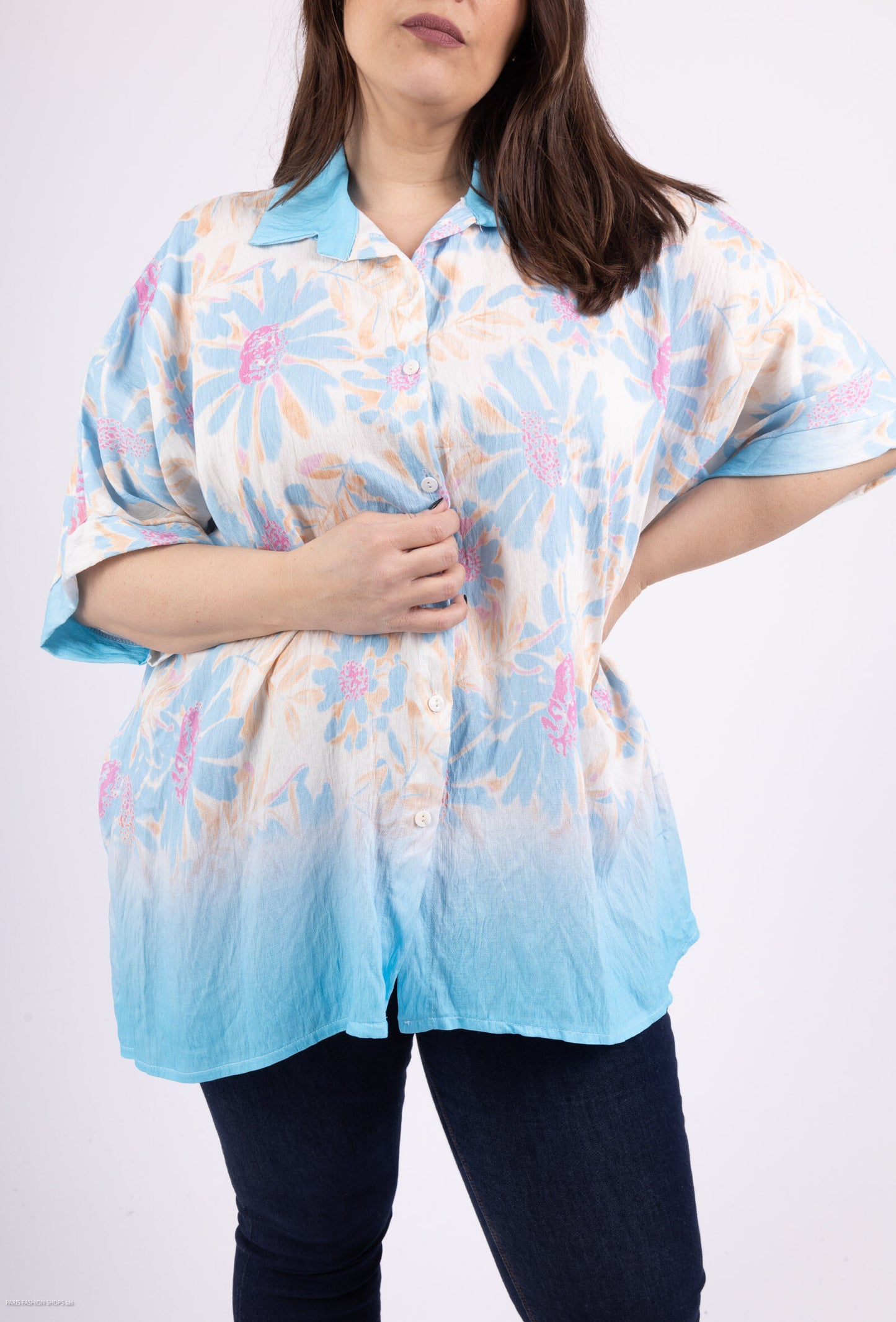 Plus Size Pastel flower printed short sleeves blouse